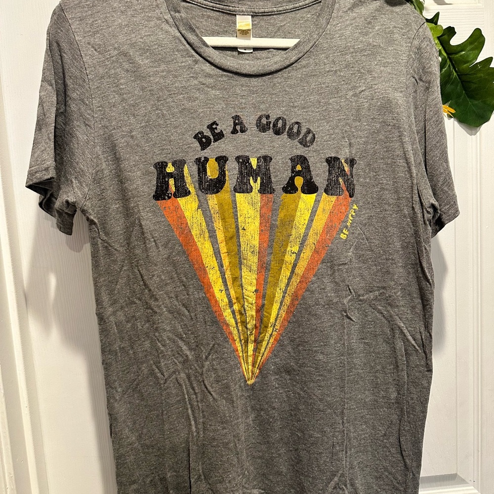 Be A Good Human Graphic Tee - Gray with Yellow & Orange Print